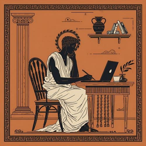 Ancient Greek philosopher working on modern laptop